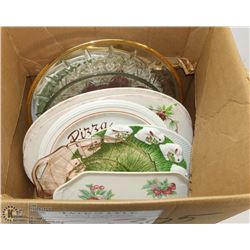 LARGE BOX OF ASSORTED VINTAGE PLATTERS & MORE