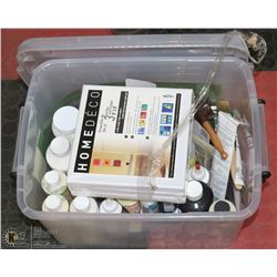 BOX OF ASSORTED CRAFT PAINT, CANVAS, BRUSHES.