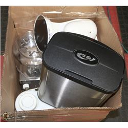 BOX OF ASSORTED KITCHEN ACCESSORIES, GARBAGE BIN