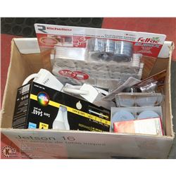 BOX OF ASSORTED LIGHT BULBS, EXTENSION CORDS