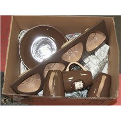 BOX OF ASSORTED CROCKERY, CUPS, PLATES.
