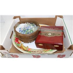 ART BASKET WITH PLATTERS & CIGAR BOX