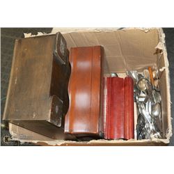 2 WOOD SILVERWARE BOXES W/ MIXED SILVER PLATED