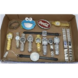 LARGE FLAT OF ASSORTED WATCHES AND BELT BUCKLES