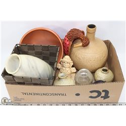 BOX WITH MARBLE VASES, CLAY VASES & MORE