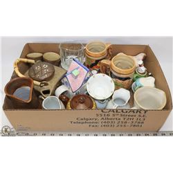 BOX OF ASSORTED TEAPOTS, STEINS AND VINTAGE