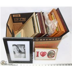 BOX OF FRAMES - TEAK, BRASS, ETC