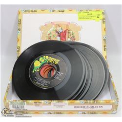 CIGAR BOX FILLED WITH 14 ROCK 45 RPM RECORDS INCL