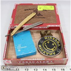 CIGAR BOX FILLED WITH ANTIQUE STRAIGHT BLADE RAZOR