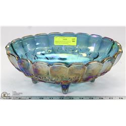 INDIANA BLUE SCALLOPED & FOOTED CARNIVAL GLASS BOWL