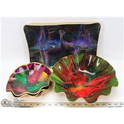 DECORATIVE GLASS & LEATHER TRAY & BOWLS SET