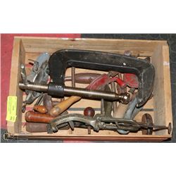BOX OF ANTIQUE HANDDRILLS WITH LARGE C-CLAMP