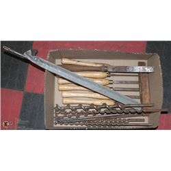 BOX WOOD CHISELS AND EXTRA LONG DRILL BITS.