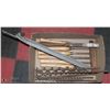 Image 1 : BOX WOOD CHISELS AND EXTRA LONG DRILL BITS.