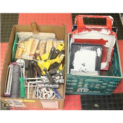 LARGE FLAT OF PAINTING TOOLS AND MILK CRATE WITH