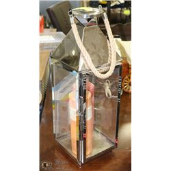 LARGE SILVER CANDLE LANTERN WITH 2 CANDLE
