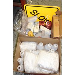 2 BOXES OF ASSORTED GOODS: HAIR NETS, BOTTLES,SIGN