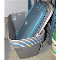SIX 30 GALLON RUBBERMAID TOTES