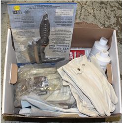 BOX OF ASSORTED WELDING SUPPLIES, WELDING HAMMER
