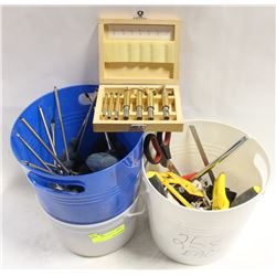 2 PAILS OF ASSORTED SCREWDRIVERS, WOOD BITS &