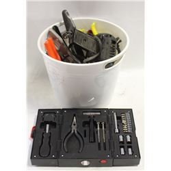 PAIL OF ASSORTED TOOLS INCLUDING: SOLDERING GUN