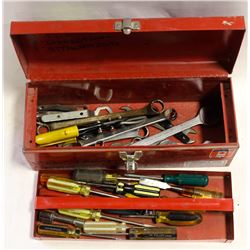 SMALL RED TOOLBOX WITH MISC. DRIVERS AND WRENCHES