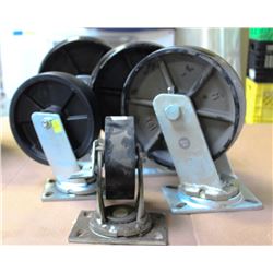 LOT OF 5 INDUSTRIAL SWIVEL CASTORS + TUBED WHEEL