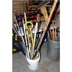 PAIL OF ASST BROOM HANDLES CLAMPS SHOVELS AND