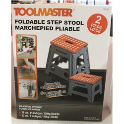 NEW SET OF 2 TOOLMASTER FOLDABLE STEP STOOLS.