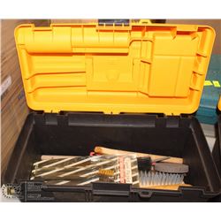 PLASTIC TOOL BOX W/ ASSORTED FILES, WIRE BRUSH