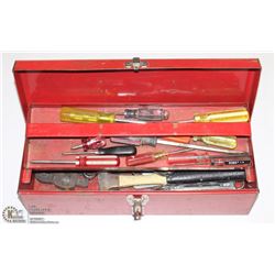 RED METAL TOOLBOX WITH CONTENTS