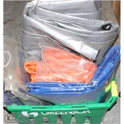 GREEN TOTE OF TARPS AND BOX OF NUMEROUS