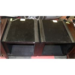 PAIR OF GLASS AND WOOD CUBE END TABLES. 23X23X21