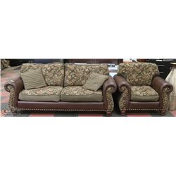 FLORAL FABRIC AND LEATHERETTE NAILHEAD SOFA WITH