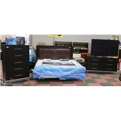 KING SIZE WOOD TONE & METAL BEDROOM SUITE.