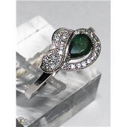 29) STERLING SILVER EMERALD & DIAMOND RING SIZE 9