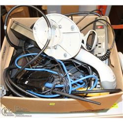 BOX OF ASSORTED POWER BARS, BARCODE SCANNER & MORE