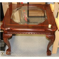 MAHONGANY TONE GLASS TOP END TABLE 27 X 27 X 21
