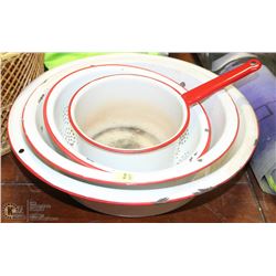 GROUP OF VINTAGE ENAMEL BOWLS, STRAINER AND POT