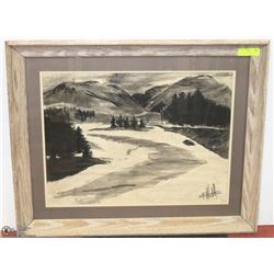 CHARCOAL PICTURE OF A FORESTED VALLEY WITH A RIVER