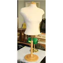 FEMALE BLOUSE FORM ON ADJUSTABLE WOOD STAND.