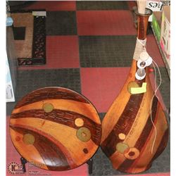 DECORATIVE WOOD VASE WITH WOOD PLATE IN STAND
