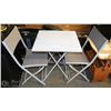 Image 1 : GRAY PATIO TABLE AND TWO FOLDING CHAIRS.