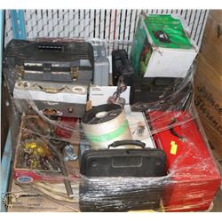 PALLET OF TOOLS, GARAGE ITEMS, MATERIALS & MORE