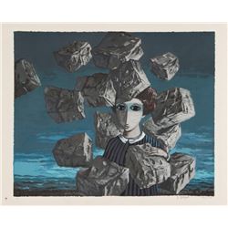 Yosl Bergner, Portrait with Falling Rocks, Lithograph