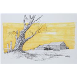 Hector Salas, Barn with Yellow Sky, Lithograph with Hand-Coloring