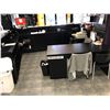 Image 1 : LARGE RECEPTION DESK, BAR TABLE, 2 STOOLS & 2 CUBBY SHELVES