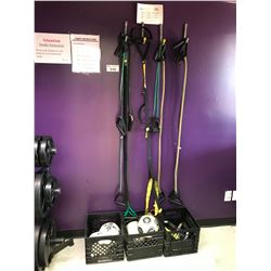 ASSORTED RIP CORDS & BALLS, SKIP ROPES & EXERCISE EQUIPMENT IN STORAGE ROOM