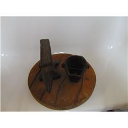CAST IRON 1-3" ANVIL & COAL PAIL ON 5" BOARD