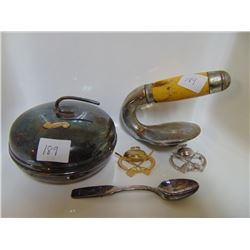 CURLING CANDY DISH, PINS, SPOON & CURLING ROCK HANDLE